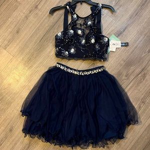 2 piece halter top navy blue dress with sequin embroidery.